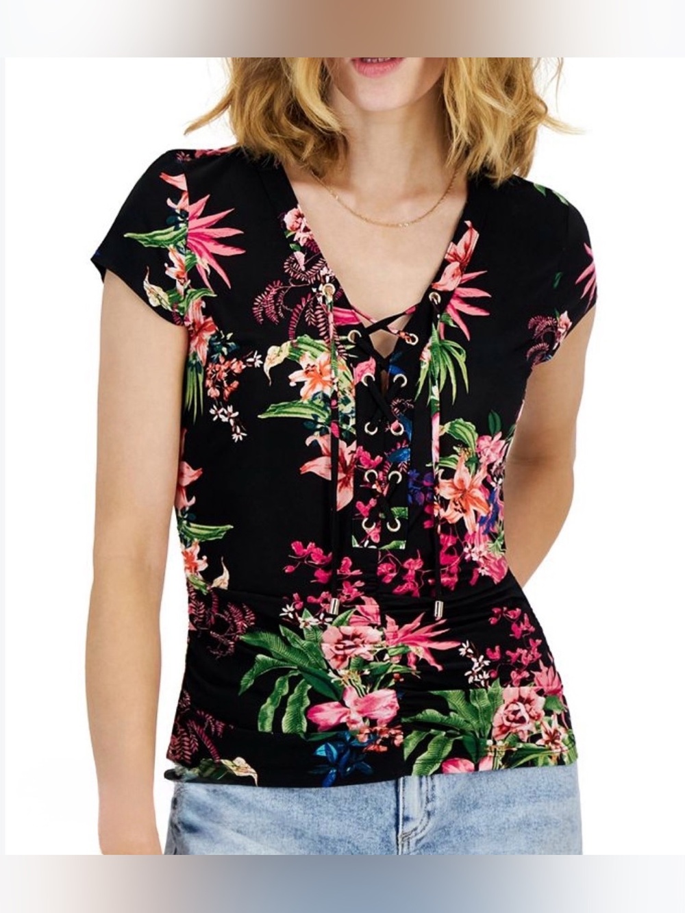 🆕INC International Concepts Black Floral Lace-Up V-Neck Short Sleeve Top M🆕